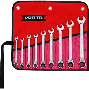Reversible, Combination Ratcheting Wrench Set, 9 Pieces, 12-Point, Box End Drive, Alloy Steel, Chrome
