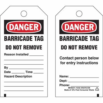 Danger Isolation Blind Tag, 5.75 In Ht, 3 In Wd, Black, Red On White, 3/8 In Hole Dia, Polyester