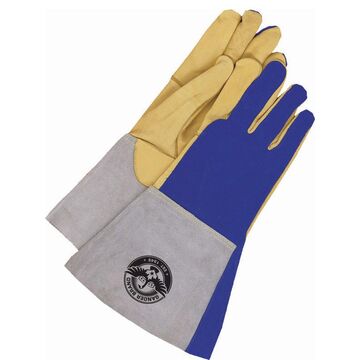 MIG/TIG Welder, Leather Gloves, Medium, Blue/Yellow, Split Cowhide Backing