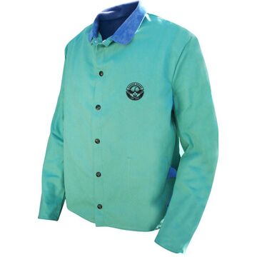 Veste de soudage, bleu/vert, toile, collier en cuir, pression métallique
