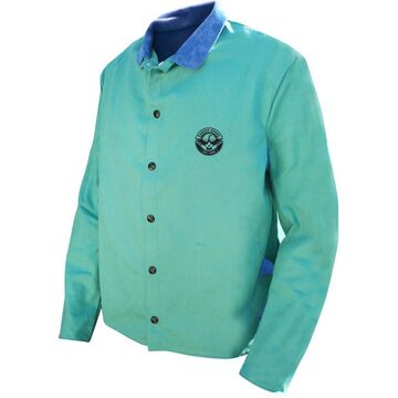 Veste de soudage, très grande, bleu/vert, toile, collier en cuir, pression métallique