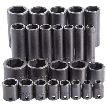 Standard Length Impact Socket Set, 6-point, 3/8 In Square Drive, 25 Pieces, Alloy Steel, Black Oxide