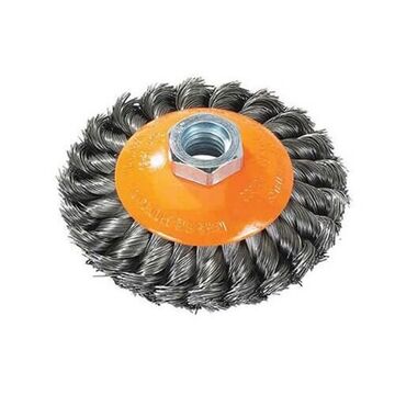 Cup Brush, 4 in dia Brush, 5/8-11 in Arbor, 0.015 in Dia Wire dia, Knot-Twisted, Carbon Steel