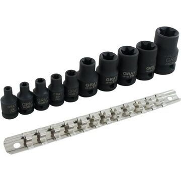 Female Torx Impact Socket Set, 1/4, 3/8, 1/2 in Drive, 10-Piece, Steel, Black Oxide