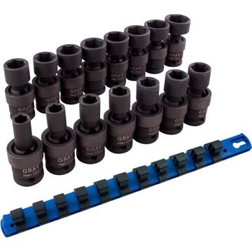 Standard Universal Joint Impact Socket Set, 1/2 in Drive, 6 Point, 15-Piece, Steel, Black Oxide
