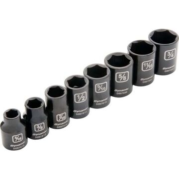 Sae Standard Length Impact Socket Set, 6-point, 3/8 In Drive, 8-piece, Steel, Black Phosphate