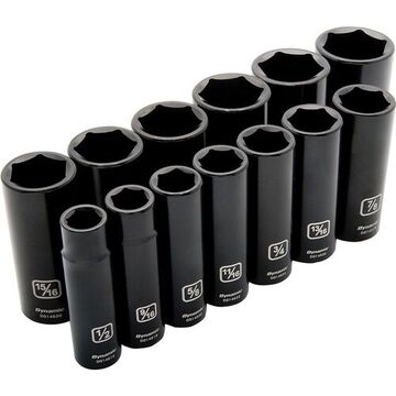 Deep Length SAE Impact Socket Set, 6-Point, 1/2 in Drive, 13-Piece, Steel, Black Phosphate