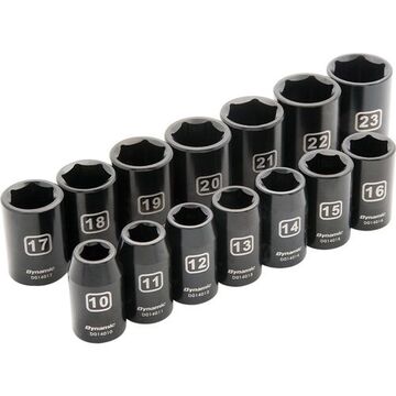 Metric Standard Length Impact Socket Set, 6-point, 1/2 In Drive, 14-piece, Steel, Black Phosphate