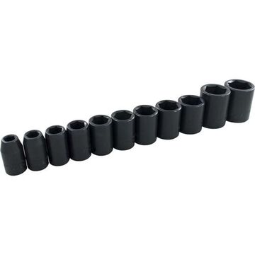 SAE Standard Length Impact Socket Set, 6-Point, 1/2 in Drive, 11-Piece, Steel, Black Oxide