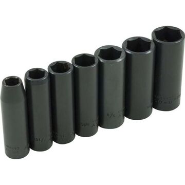 Deep Length SAE Impact Socket Set, 6-Point, 3/8 in Drive, 7-Piece, Steel, Black Oxide