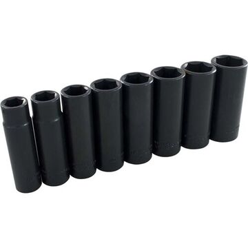 Deep Length SAE Impact Socket Set, 6-Point, 1/2 in Drive, 8-Piece, Steel, Black Oxide