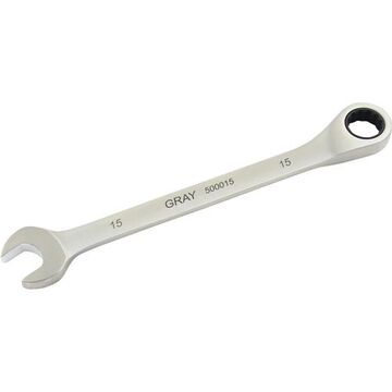 Fixed Head Ratcheting Wrench, 15 Mm Opening, Ratcheting, 8.2 In Lg, 12-point, Stainless Steel