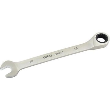 Fixed Head Ratcheting Wrench, 18 Mm Opening, Ratcheting, 9.5 In Lg, 12-point, Stainless Steel