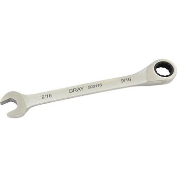 Fixed Head Ratcheting Wrench, 9/16 In Opening, Ratcheting, 7.44 In Lg, 12-point, Stainless Steel