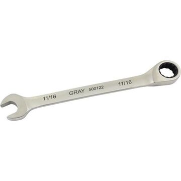 Fixed Head Ratcheting Wrench, 11/16 In Opening, Ratcheting, 8.89 In Lg, 12-point, Stainless Steel