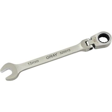 Flex Head Ratcheting Wrench, 15 Mm Opening, Ratcheting, 195 Mm Lg, 12-point, Stainless Steel