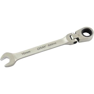 Flex Head Ratcheting Wrench, 16 Mm Opening, Ratcheting, 211 Mm Lg, 12-point, Stainless Steel