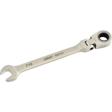 Flex Head Ratcheting Wrench, 7/16 In Opening, Ratcheting, 6.45 In Lg, 12-point, Stainless Steel
