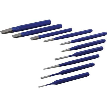 Punch and Chisel Set, 1/2, 5/8, 3/4 in Flat, 3/32, 5/32, 3/16 in Taper, 5/32, 3/32, 3/16 in Pin, 3/8 in Center, 7.5 in lg, 10-Piece