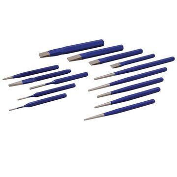 Punch and Chisel Set, 1/2, 5/8, 3/4, 7/8 in Flat, 1/4 in Cape, 12 in lg, 14-Piece