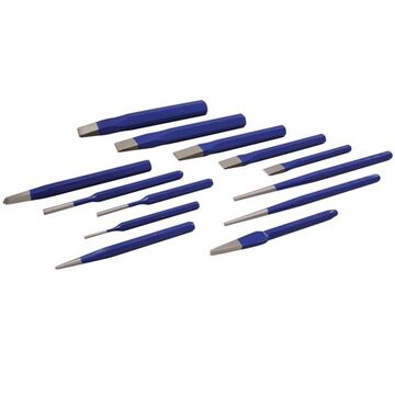 Punch and Chisel Set, 1/4 in Cape, 1/4 in Diamond Point, 5/32, 3/16 in Long Taper, 1/8, 3/16, 1/4 in Pin, 3/8 in Center, 9 in lg, 13-Piece