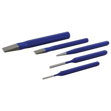 Punch and Chisel Set, 1/2, 3/4 in Flat, 1/8, 3/16 in Pin, 3/8 in Center, 7 in lg, 5-Piece