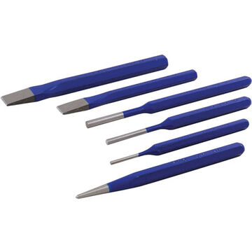 Punch and Chisel Set, 1/2 and 5/8 in Flat, 1/8, 3/16, 1/4 Pin, 3/8 in Centre, 9.5 in lg, 6-Piece