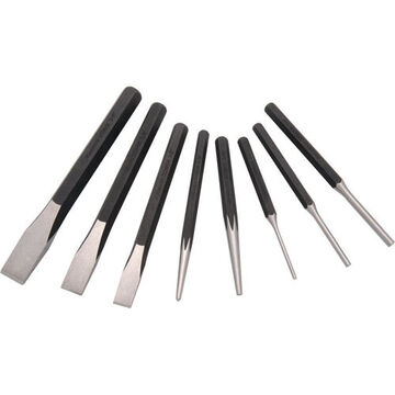 Punch and Chisel Set, 1/2, 5/8, 3/4 Cold, 5/32 in Centre, 3/16 in Solid, 1/8, 3/16, 1/4 in Pin, 8.35 in lg, 8-Piece