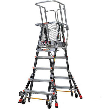 Safety Cage Platform Stepladder, 5 to 9 ft ht Ladder, 375 lb, Type IAA, 18 in wd Platform