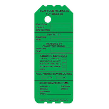 Laminated Scaffold Tag, 8 in ht, 3.25 in wd, Green, Synthetic