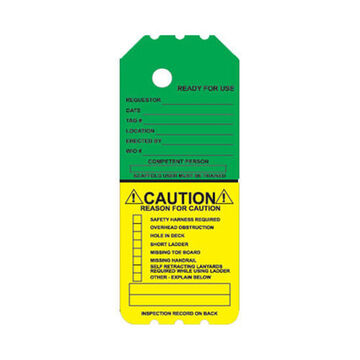 Laminated Multicolored Scaffold Tag, 8 in ht, 3.25 in wd, Green/Yellow Front, White Back, Synthetic