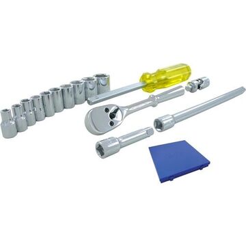 Standard Length Socket Set, 6-Point, 1/4 in Drive, 15-Piece, Steel, Chrome
