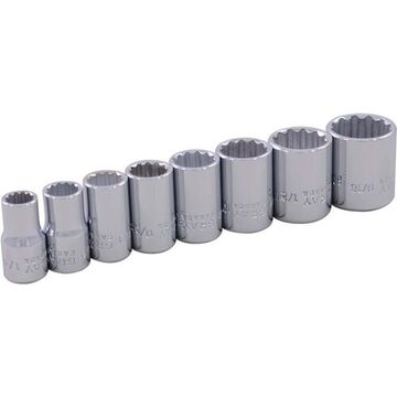 SAE Standard Length Socket Set, 12-Point, 1/4 in Drive, 8-Piece, Steel, Chrome