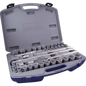 SAE and Metric Socket Set, 12-Point, 1/2 in Drive, 38-Piece, Steel, Chrome