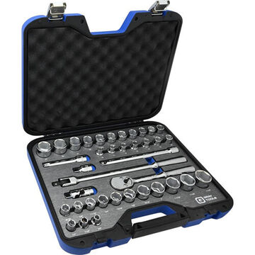 SAE and Metric Socket Set, 6-Point, 1/2 in Drive, 38-Piece, Steel, Chrome