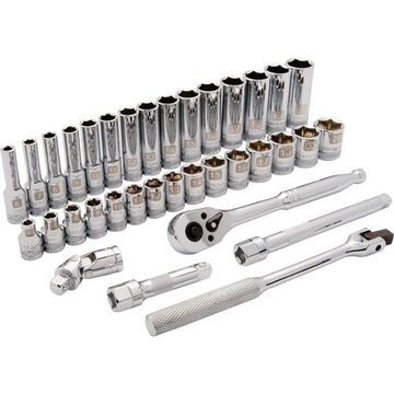 Metric Standard/Deep Socket Set, 6-Point, 3/8 in Drive, 35-Piece, Steel, Chrome