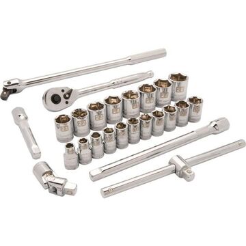 Metric Standard Length Socket Set, 6-Point, 1/2 in Drive, 25-Piece, Steel, Chrome