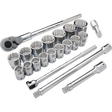 SAE Standard Length Socket Set, 12-Point, 3/4 in Drive, 21-Piece, Chrome