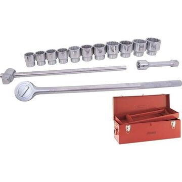 SAE Standard Length Socket Set, 12-Point, 1 in Drive, 15-Piece, Steel, Chrome