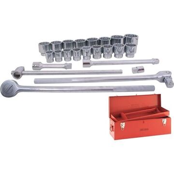 SAE Standard Length Socket Set, 12-Point, 1 in Drive, 24-Piece, Steel, Chrome