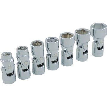 Socket Set Sae Universal Joint, 6-point, 3/8 In Drive, 7-piece, Steel, Chrome