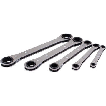 Flat Ratcheting Box Wrench Set, 5-Piece, 6 and 12 Point SAE, Steel, Chrome