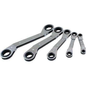 Offset Ratcheting Box Wrench Set, 5-Piece, 6 and 12 Point SAE, Steel, Chrome