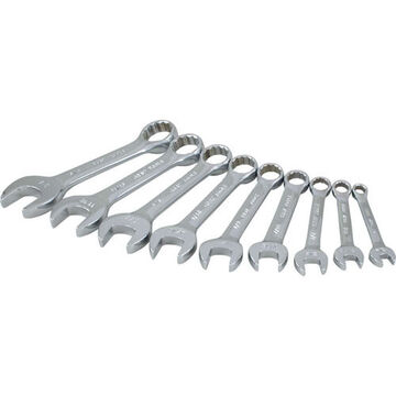 Stubby Length Wrench Set, 9-Piece, 12-Point SAE, Steel, Mirror Chrome
