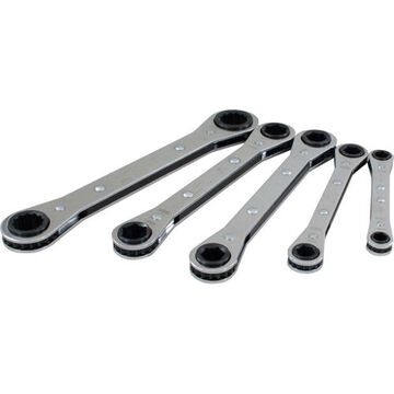 Flat Ratcheting Box Wrench Set, 5-Piece, 6 and 12 Point Metric, Steel, Chrome