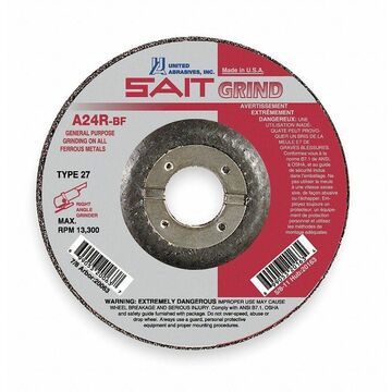 Depressed Center Grinding Wheel, 4-1/2 in x 1/4 in x 7/8 in, Aluminum Oxide, 13300 rpm, Very Coarse
