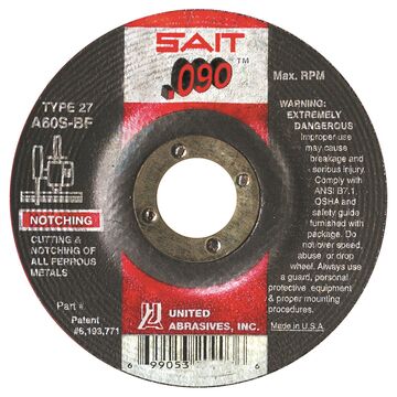 Cutting Wheel, 5 in x 0.09 in x 7/8 in, 60 Grit, 12200 rpm, Hard, Metal