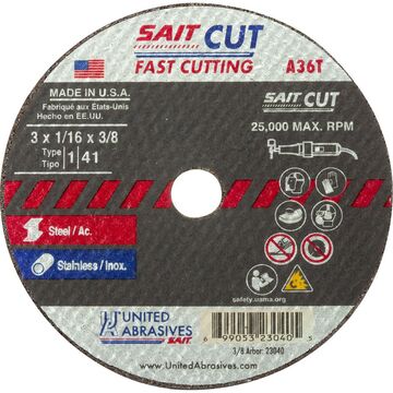 Type 1 Cut-off Wheel, 3 in x 1/16 in x 1/4 in, 36 Grit, Aluminum Oxide, 25000 rpm