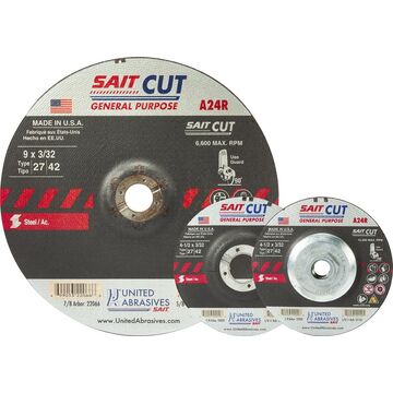 Type 27 Grinding Wheel, 4.5 in x 0.09 in x 0.88 in, Aluminum Oxide, 13300 rpm